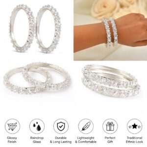 Crystal Glass Bangle Set for Women (Set of 2) | Silver Plated Sparkling Chudi | Traditional Ethnic Bridal & Party Wear Bangles